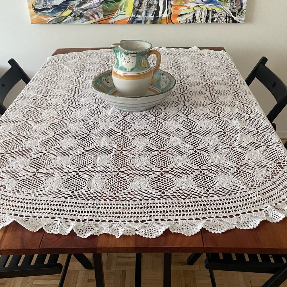 Vintage Handcrafted Crochet Tablecloth, White 60x75”